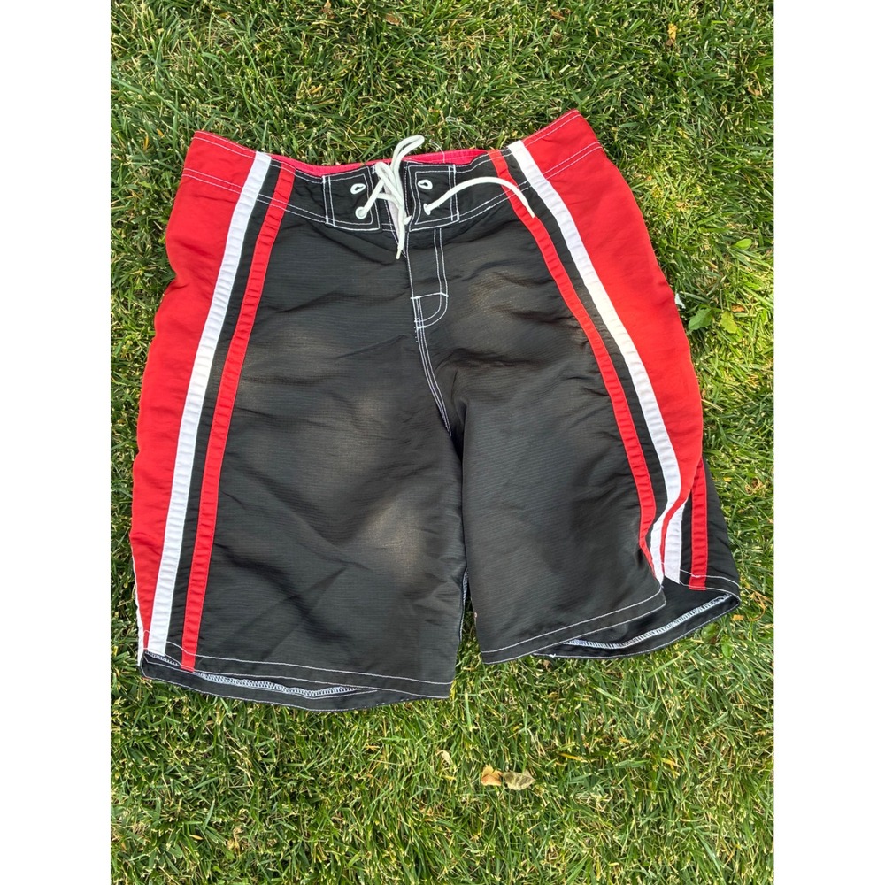 Rusty Board Shorts Mens Black Red White Striped Surf Swim Trunks Lace Up Front